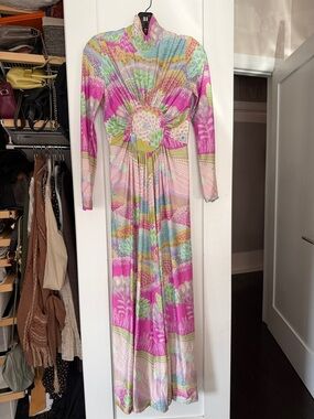 Vintage Robert David Morton 60s 70s Psychedelic Maxi Print Dress Floral